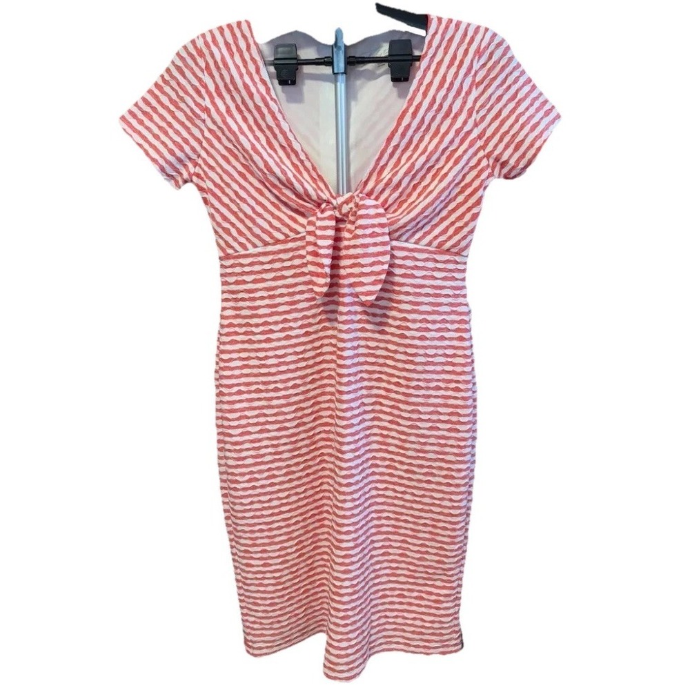 Bleecker 126 Womens 8 V Neck Pencil Shift Bow Summer‎ Dress Coral & White Stripe